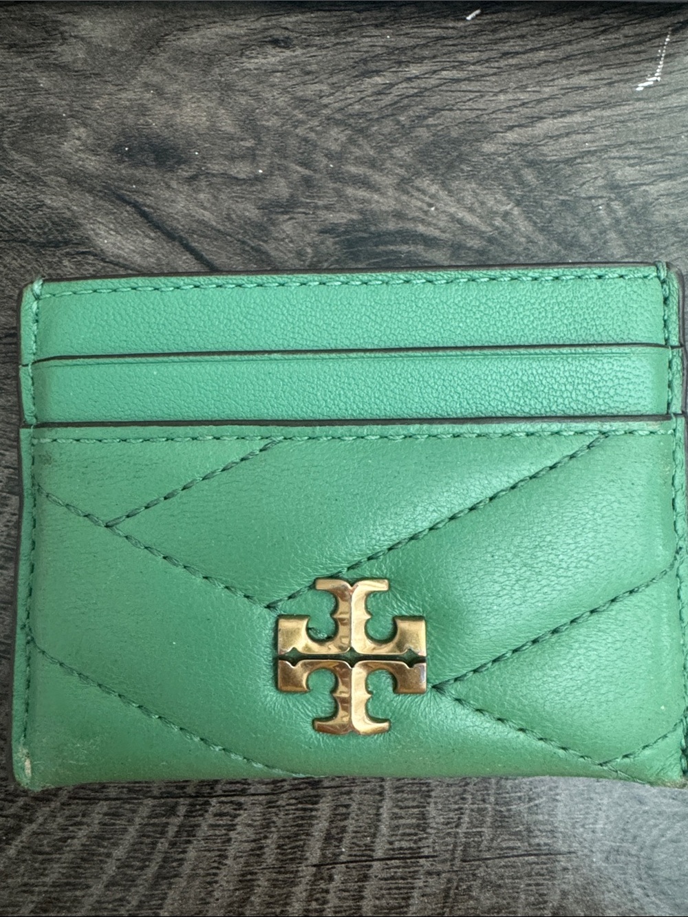 Tory Burch Green Quilted Leather Card Holder with Gold Logo